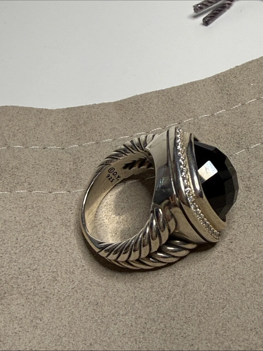 David Yurman Sterling Silver Ring with Black Onyx and Diamond Halo